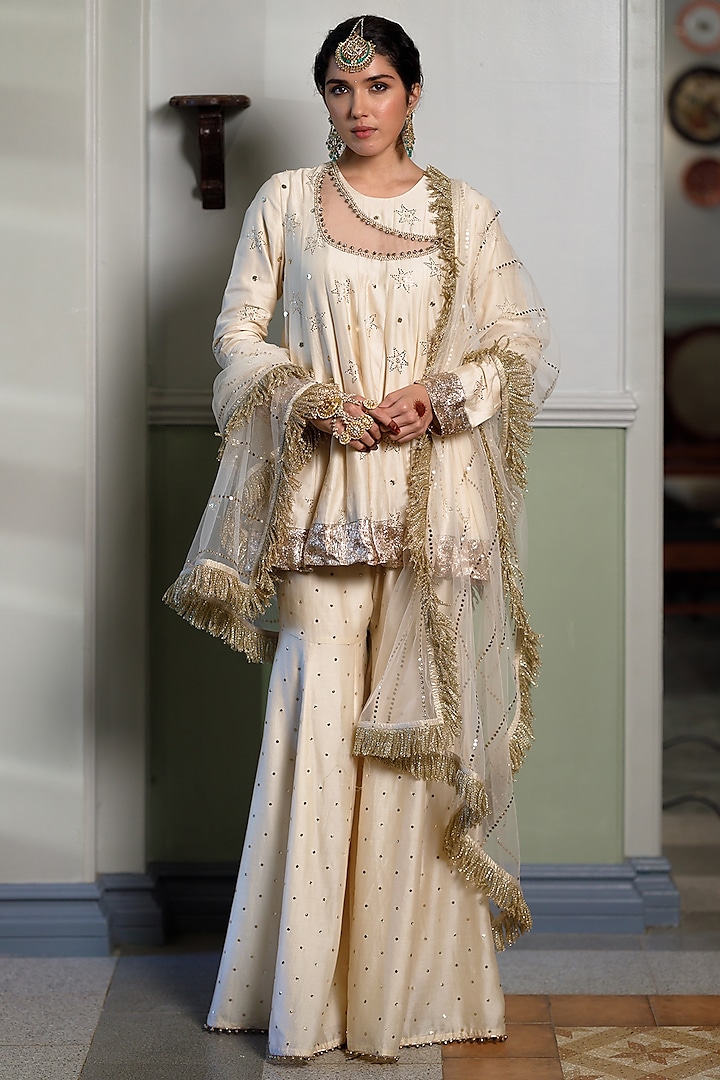 Stone Beige Mukaish Silk Mul Embroidered Wedding Sharara Set by Payal Singhal at Pernia's Pop Up Shop