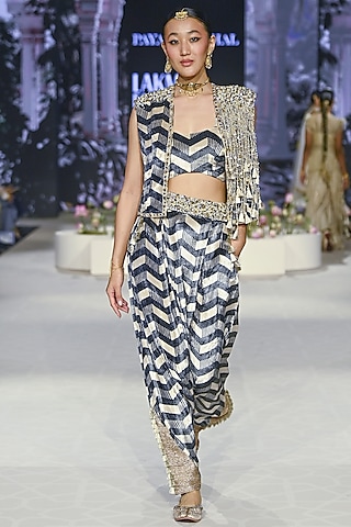 Black & White Velvet Printed Waist Coat Set by Payal Singhal
