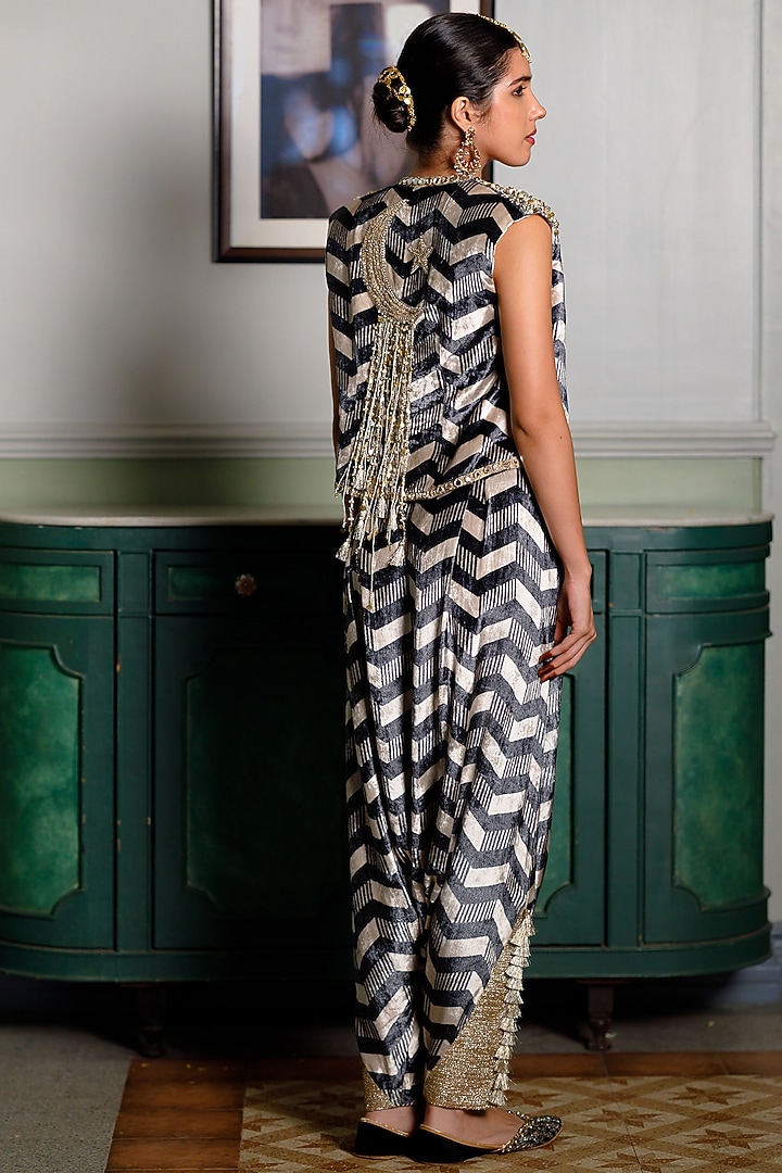 Black & White Velvet Printed Waist Coat Set by Payal Singhal at Pernia's Pop Up Shop