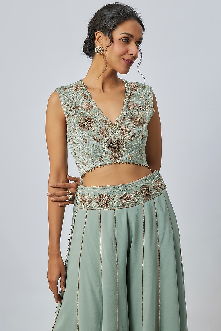 Seafoam Georgette Embroidered Wedding Sharara Set by Payal Singhal at Pernia's Pop Up Shop