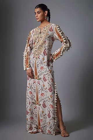 Cream Ochre Crepe Forest Digital Printed Beyza Kaftan by Payal Singhal
