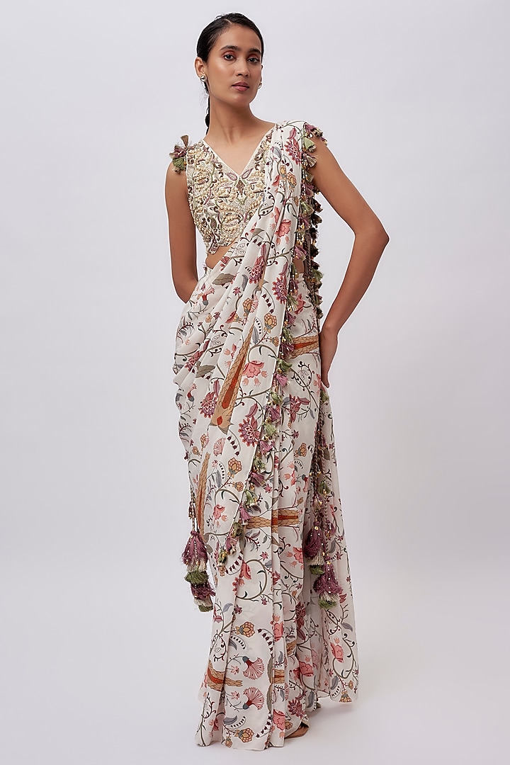 Cream Crepe Printed Pre-Stitched Saree Set by Payal Singhal at Pernia's Pop Up Shop