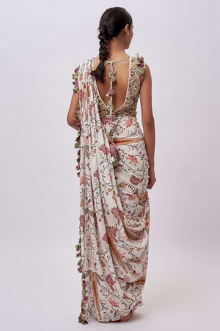 Cream Crepe Printed Pre-Stitched Wedding Saree Set by Payal Singhal at Pernia's Pop Up Shop
