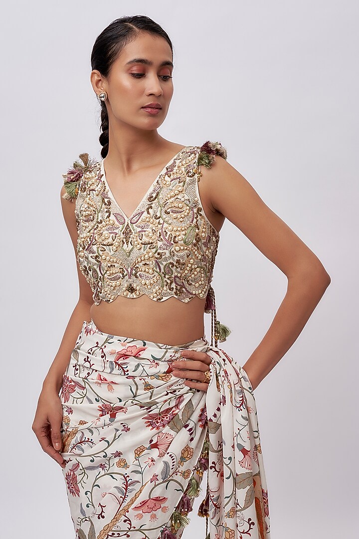 Cream Crepe Printed Pre-Stitched Wedding Saree Set by Payal Singhal at Pernia's Pop Up Shop