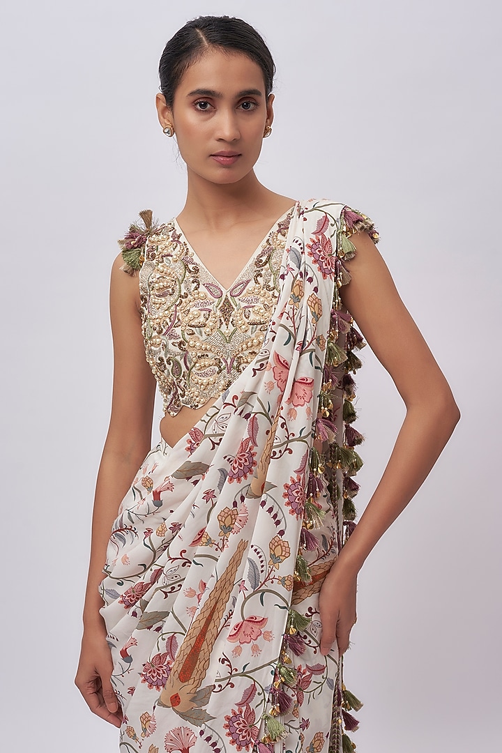 Cream Crepe Printed Pre-Stitched Wedding Saree Set by Payal Singhal at Pernia's Pop Up Shop