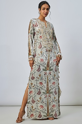 Ochre Velvet Embroidered & Printed Kaftan by Payal Singhal
