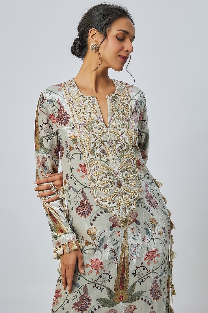 Ochre Velvet Embroidered & Printed Kaftan by Payal Singhal at Pernia's Pop Up Shop