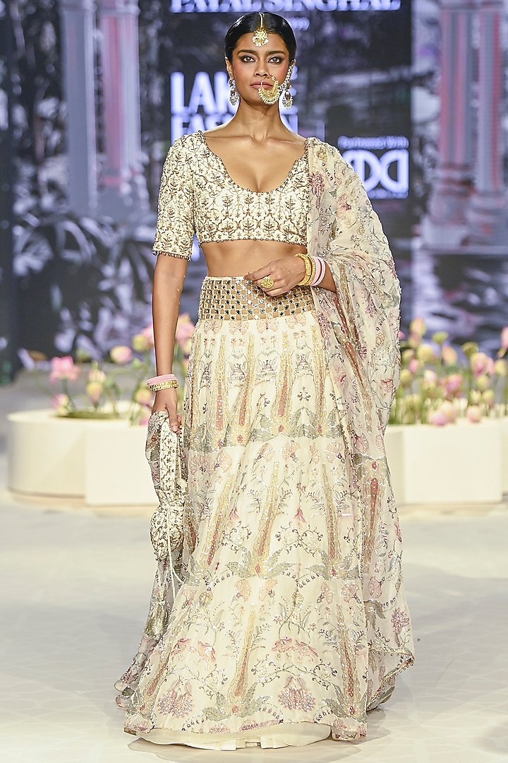 Cream Organza Printed & Embroidered Bridal Lehenga Set by Payal Singhal at Pernia's Pop Up Shop