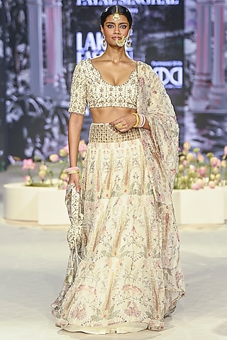 Cream Organza Printed & Embroidered Lehenga Set by Payal Singhal