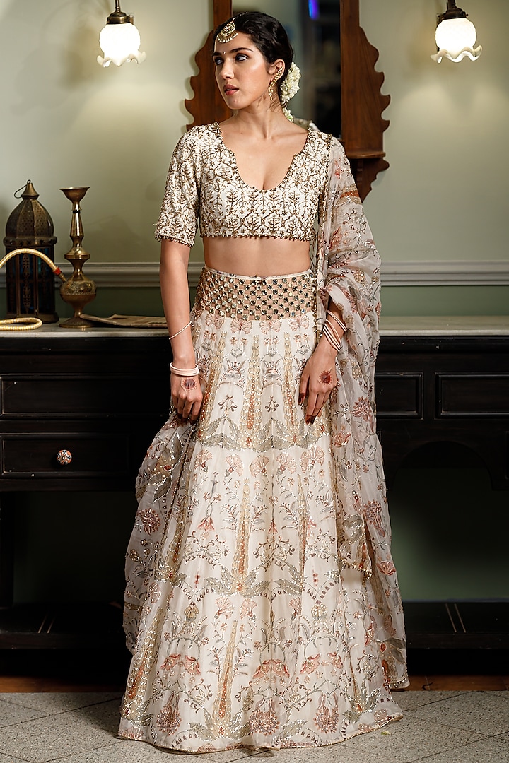 Cream Organza Printed & Embroidered Bridal Lehenga Set by Payal Singhal at Pernia's Pop Up Shop