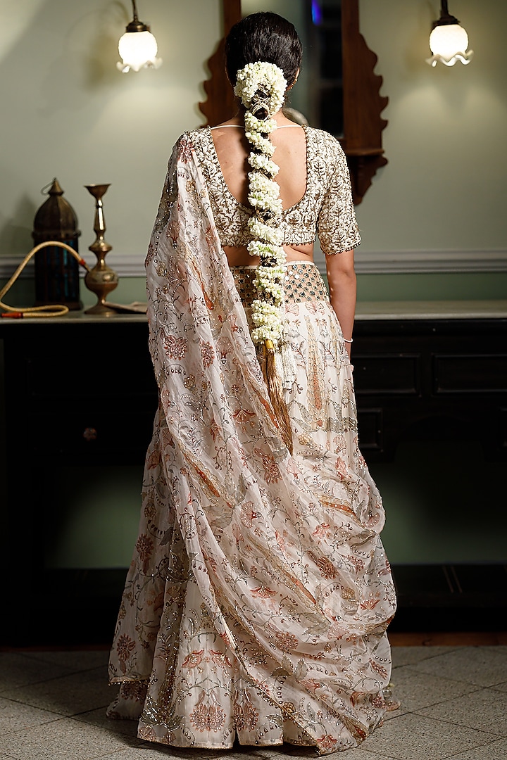 Cream Organza Printed & Embroidered Bridal Lehenga Set by Payal Singhal at Pernia's Pop Up Shop