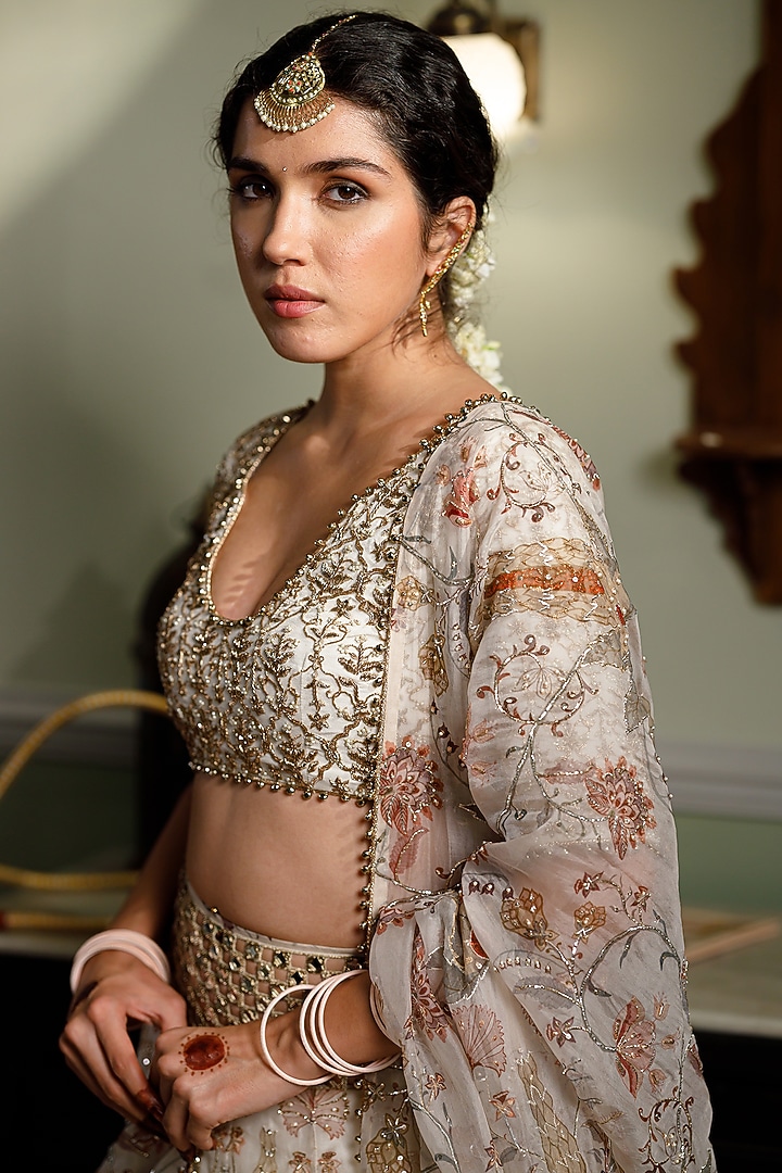 Cream Organza Printed & Embroidered Bridal Lehenga Set by Payal Singhal at Pernia's Pop Up Shop