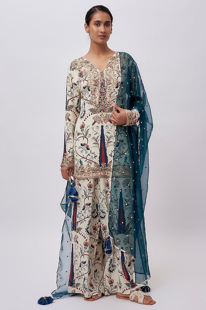 Blue Crepe Printed Sharara Set by Payal Singhal at Pernia's Pop Up Shop