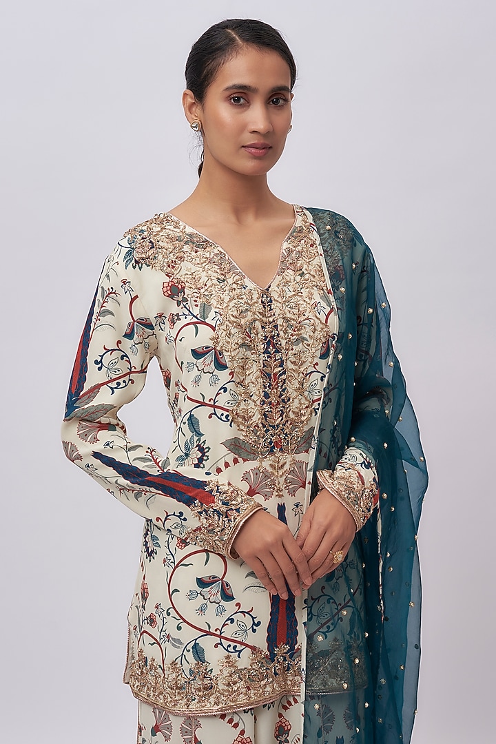 Blue Crepe Printed Bridal Sharara Set by Payal Singhal at Pernia's Pop Up Shop