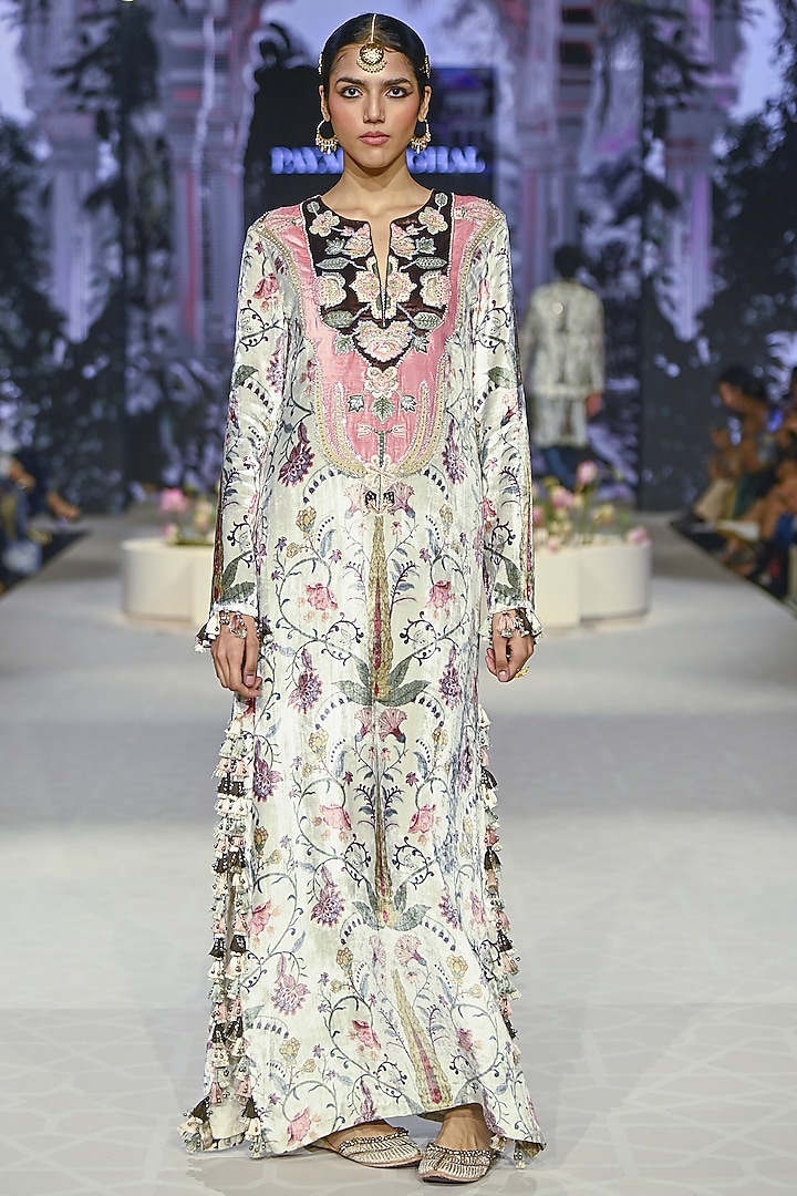 Ochre Velvet Printed & Embroidered Kaftan by Payal Singhal at Pernia's Pop Up Shop