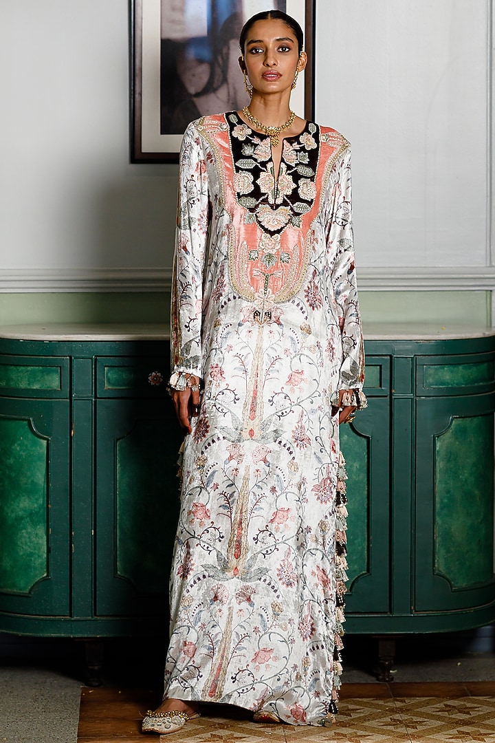 Ochre Velvet Printed & Embroidered Kaftan by Payal Singhal at Pernia's Pop Up Shop