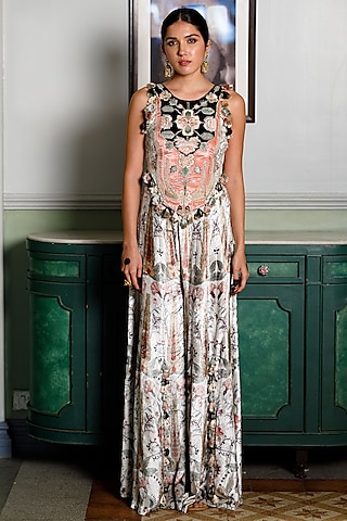 Ochre Velvet Printed & Embroidered Sharara Set by Payal Singhal