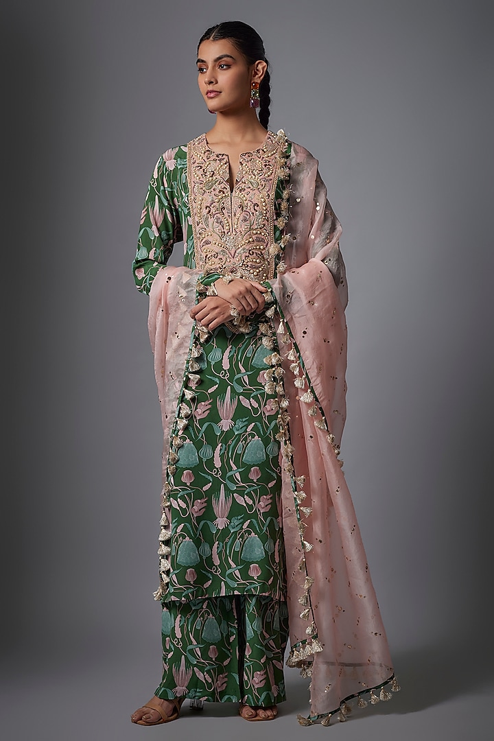 Green Crepe Island Escape Digital Printed Kurta Set by Payal Singhal at Pernia's Pop Up Shop