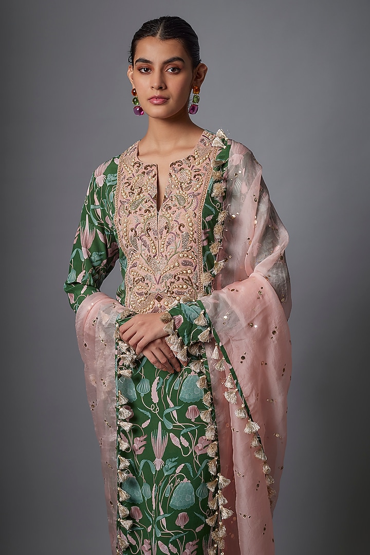 Green Crepe Island Escape Digital Printed Kurta Set by Payal Singhal at Pernia's Pop Up Shop