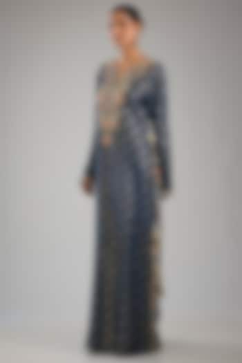 Navy Blue Dola Silk Embroidered Kaftan by Payal Singhal at Pernia's Pop Up Shop