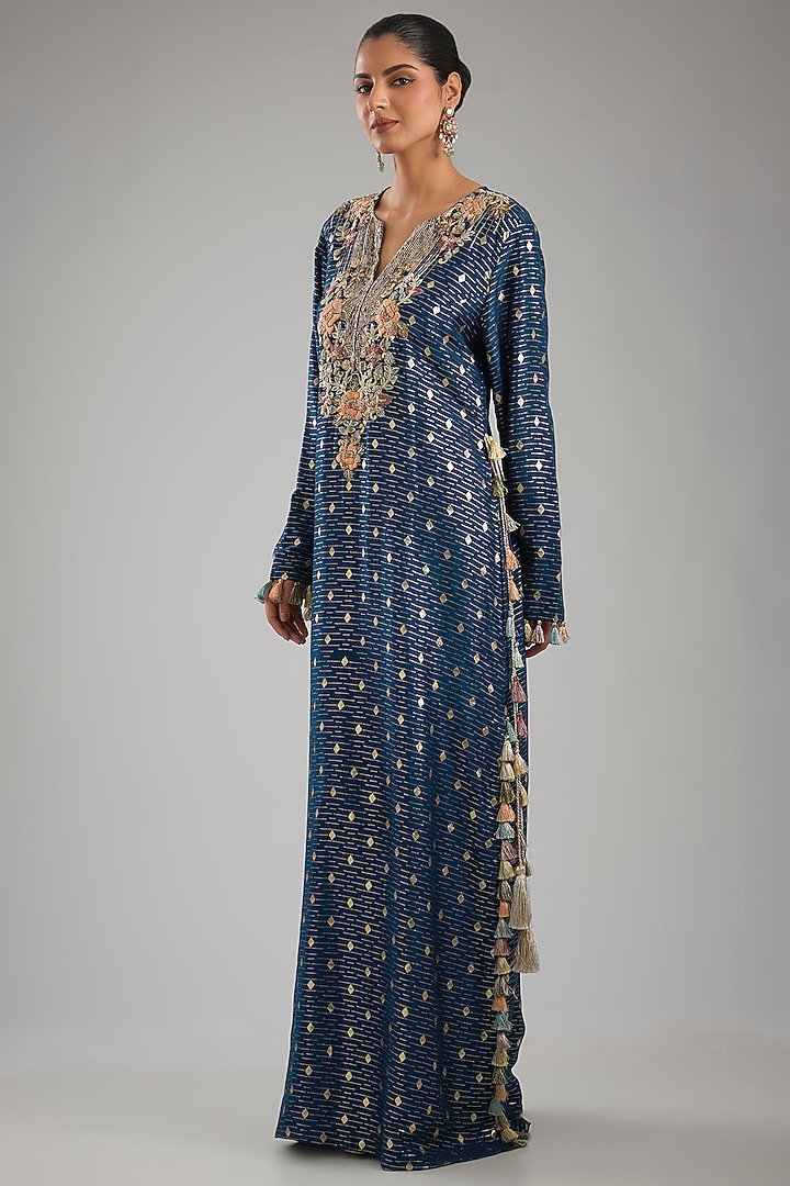 Navy Blue Dola Silk Embroidered Kaftan by Payal Singhal at Pernia's Pop Up Shop