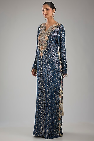 Navy Blue Dola Silk Embroidered Kaftan by Payal Singhal