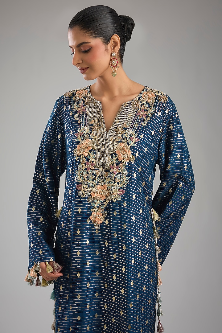 Navy Blue Dola Silk Embroidered Kaftan by Payal Singhal at Pernia's Pop Up Shop