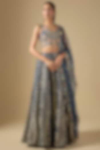 Navy Blue Dash Georgette Embroidered Wedding Lehenga Set by Payal Singhal at Pernia's Pop Up Shop