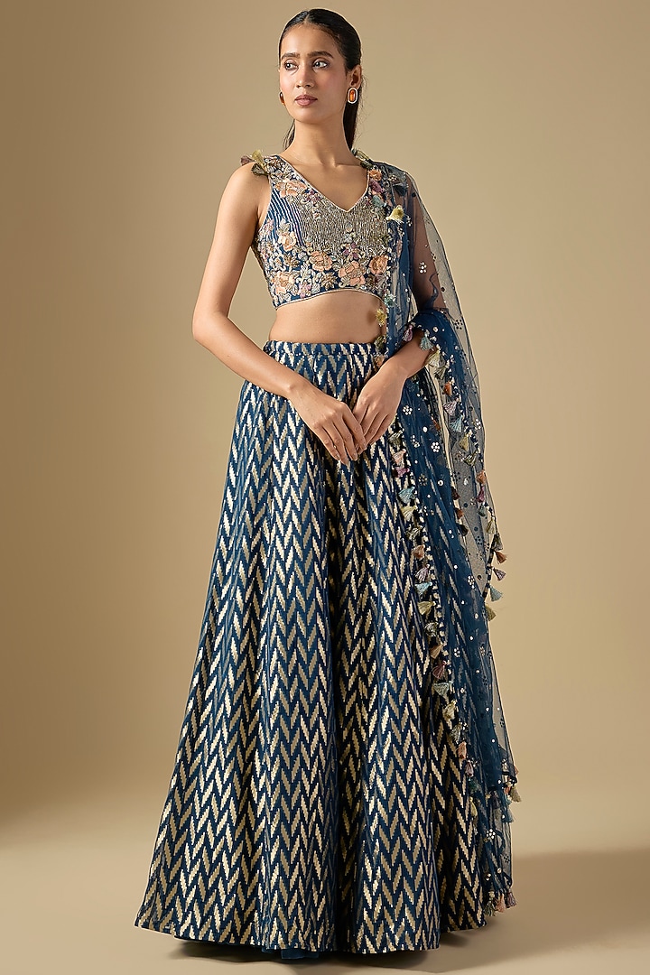 Navy Blue Dash Georgette Embroidered Wedding Lehenga Set by Payal Singhal at Pernia's Pop Up Shop