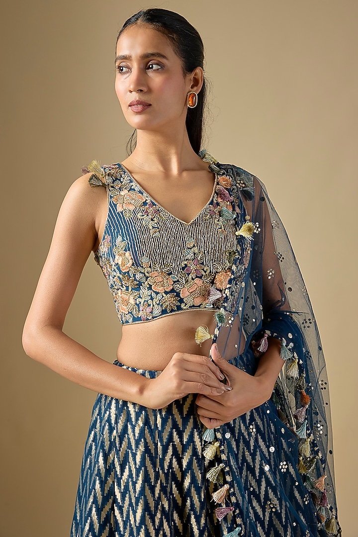 Navy Blue Dash Georgette Embroidered Wedding Lehenga Set by Payal Singhal at Pernia's Pop Up Shop