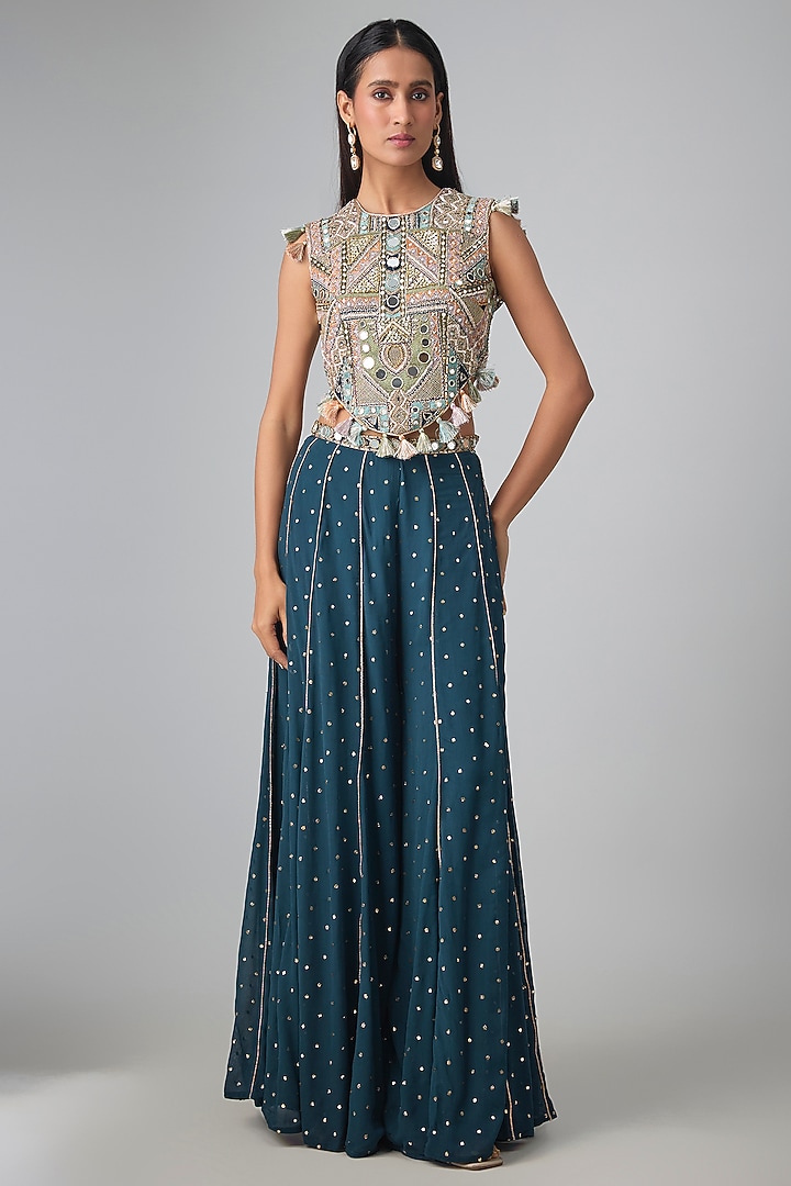 Navy Blue Mukaish Georgette Wedding Sharara Set by Payal Singhal at Pernia's Pop Up Shop