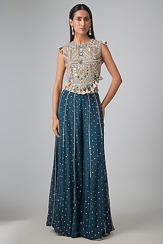 Navy Blue Mukaish Georgette Sharara Set by Payal Singhal