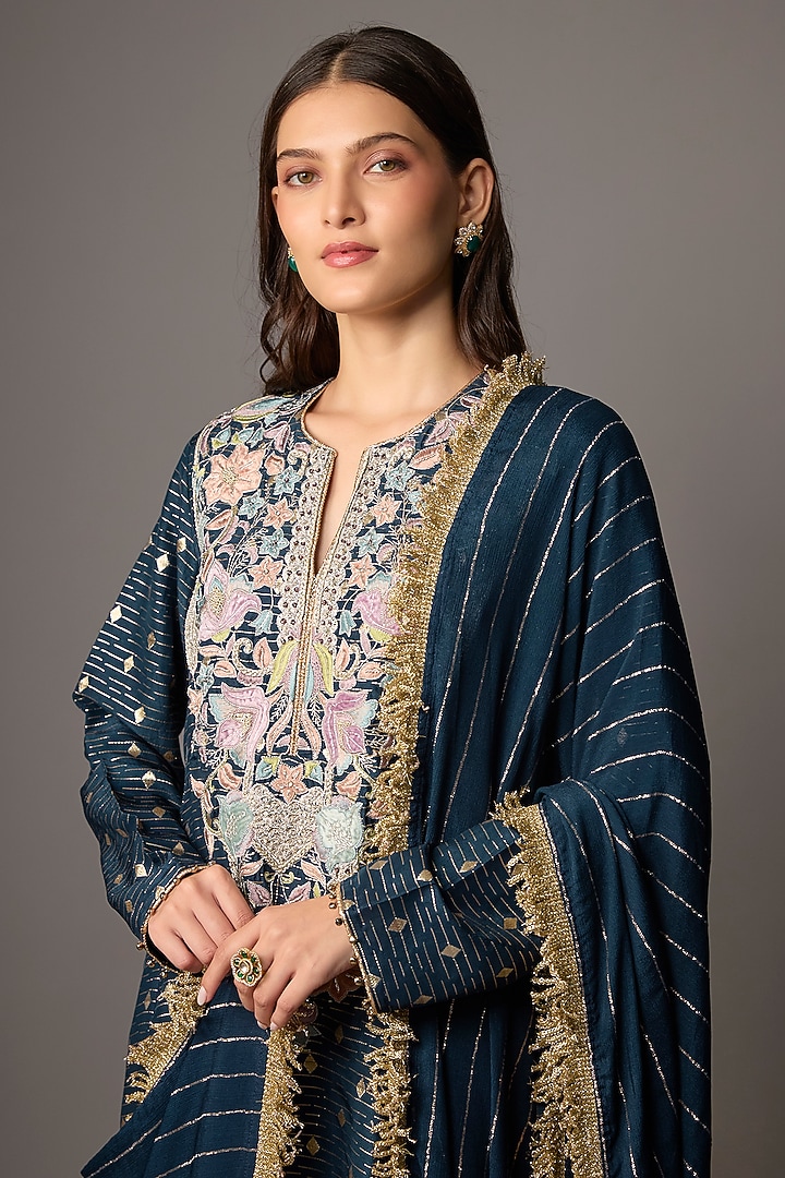 Navy Blue Dola Silk Embroidered Short Kurta Set by Payal Singhal at Pernia's Pop Up Shop