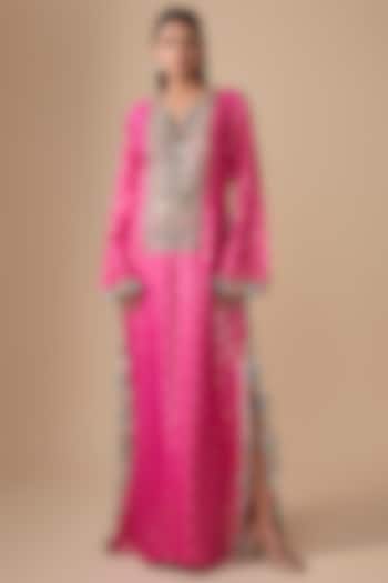 Pink Embroidered Dola Silk Kaftan by Payal Singhal at Pernia's Pop Up Shop