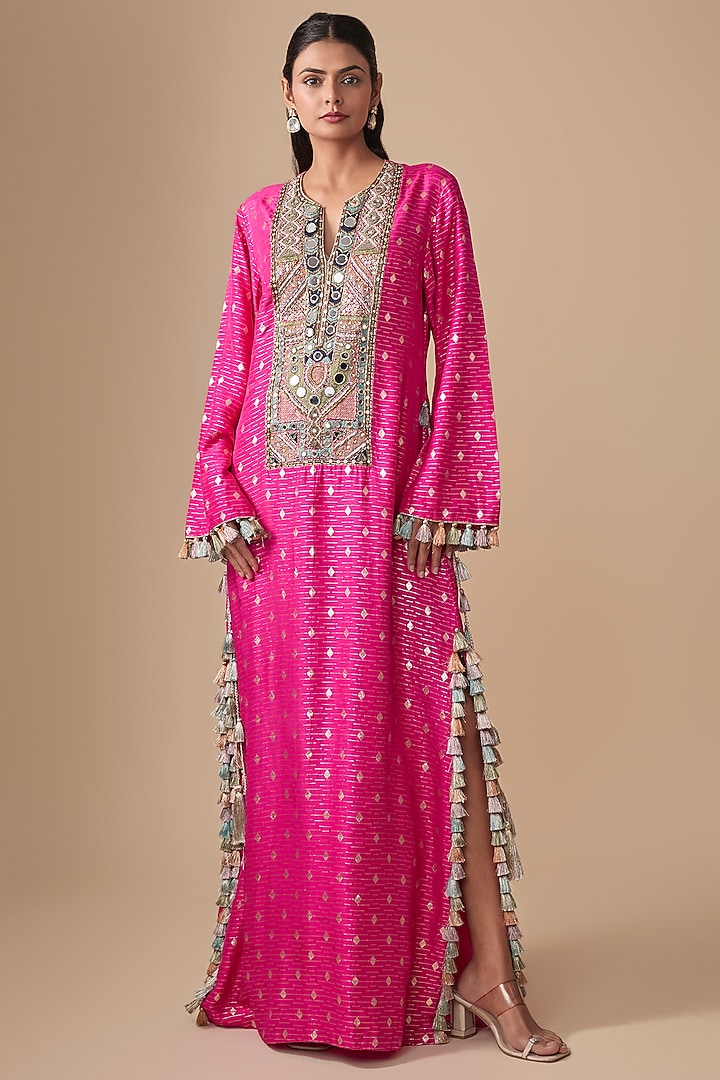 Pink Embroidered Dola Silk Kaftan by Payal Singhal at Pernia's Pop Up Shop