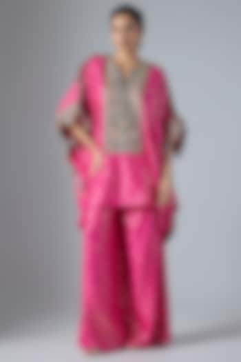 Hot Pink Dola Silk Embroidered Kaftan Set by Payal Singhal at Pernia's Pop Up Shop