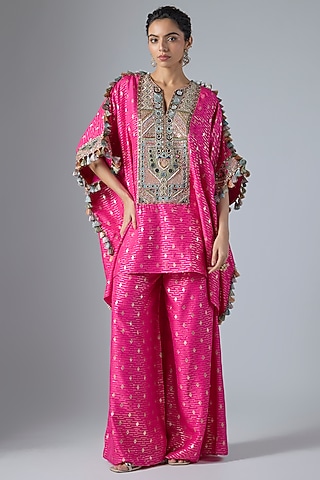 Hot Pink Dola Silk Embroidered Kaftan Set by Payal Singhal