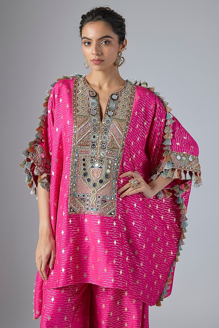 Hot Pink Dola Silk Embroidered Kaftan Set by Payal Singhal at Pernia's Pop Up Shop