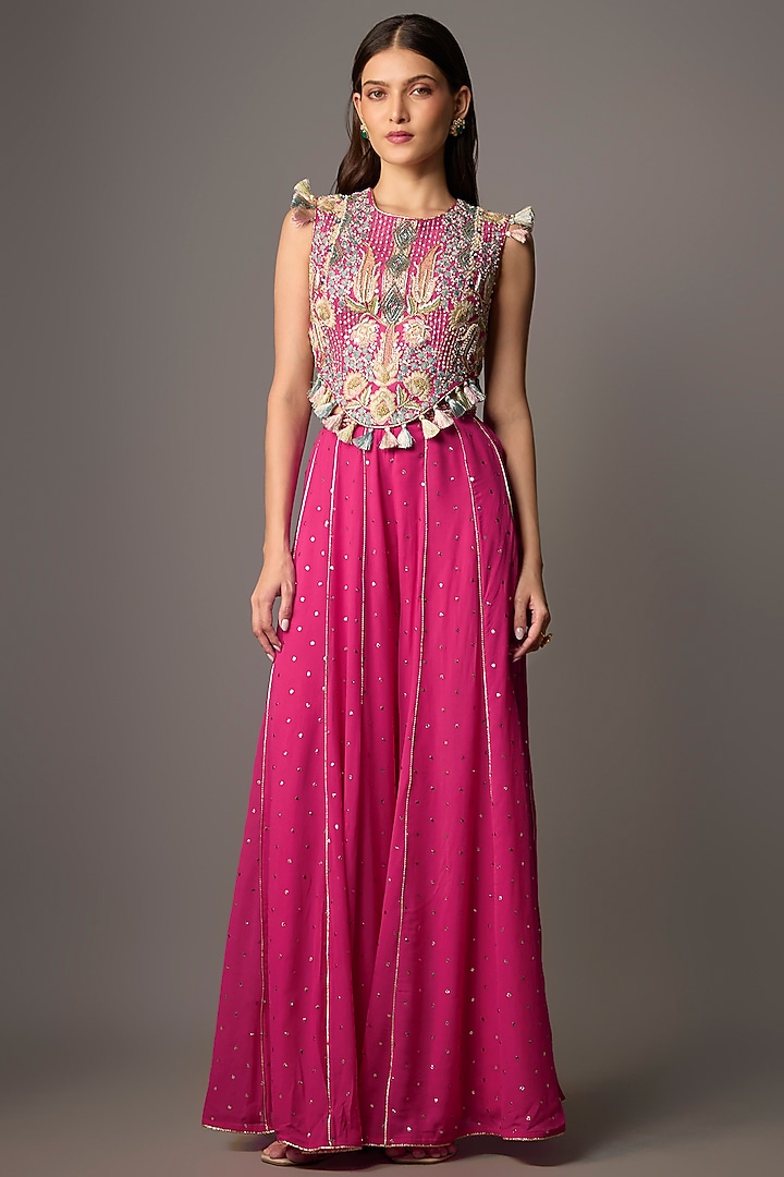 Hot Pink Georgette Wedding Sharara Set by Payal Singhal at Pernia's Pop Up Shop