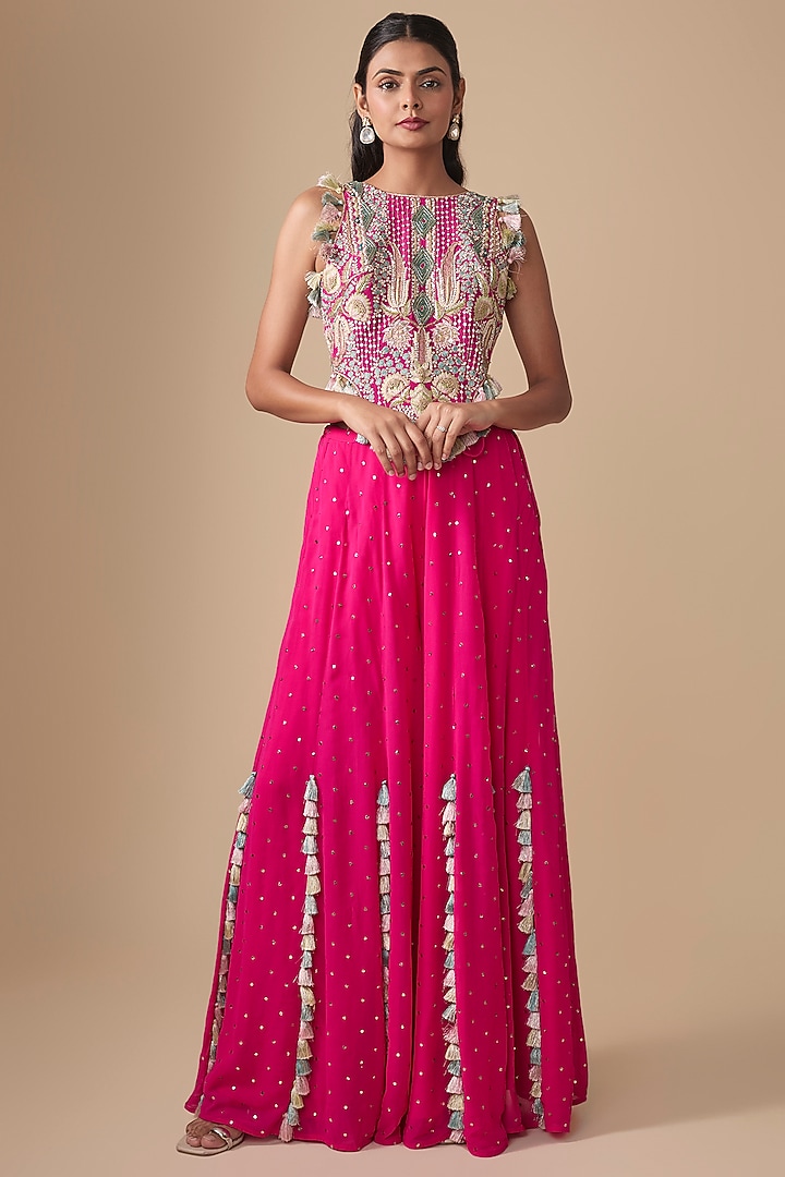 Pink Embroidered Georgette Wedding Sharara Set by Payal Singhal at Pernia's Pop Up Shop