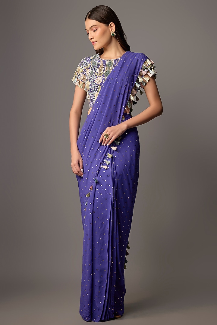 Purple Mukaish Georgette Pre-Stitched Reception Saree Set by Payal Singhal at Pernia's Pop Up Shop