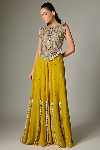 Mehendi Green Mukaish Georgette Sharara Set by Payal Singhal