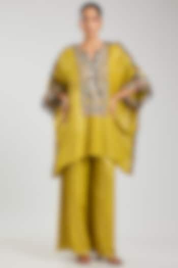 Mehendi Green Dola Silk Embroidered Kaftan Set by Payal Singhal at Pernia's Pop Up Shop