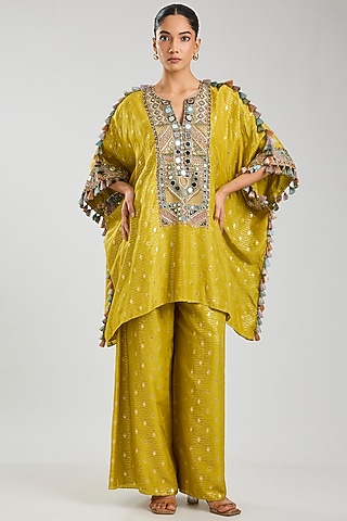 Mehendi Green Dola Silk Embroidered Kaftan Set by Payal Singhal