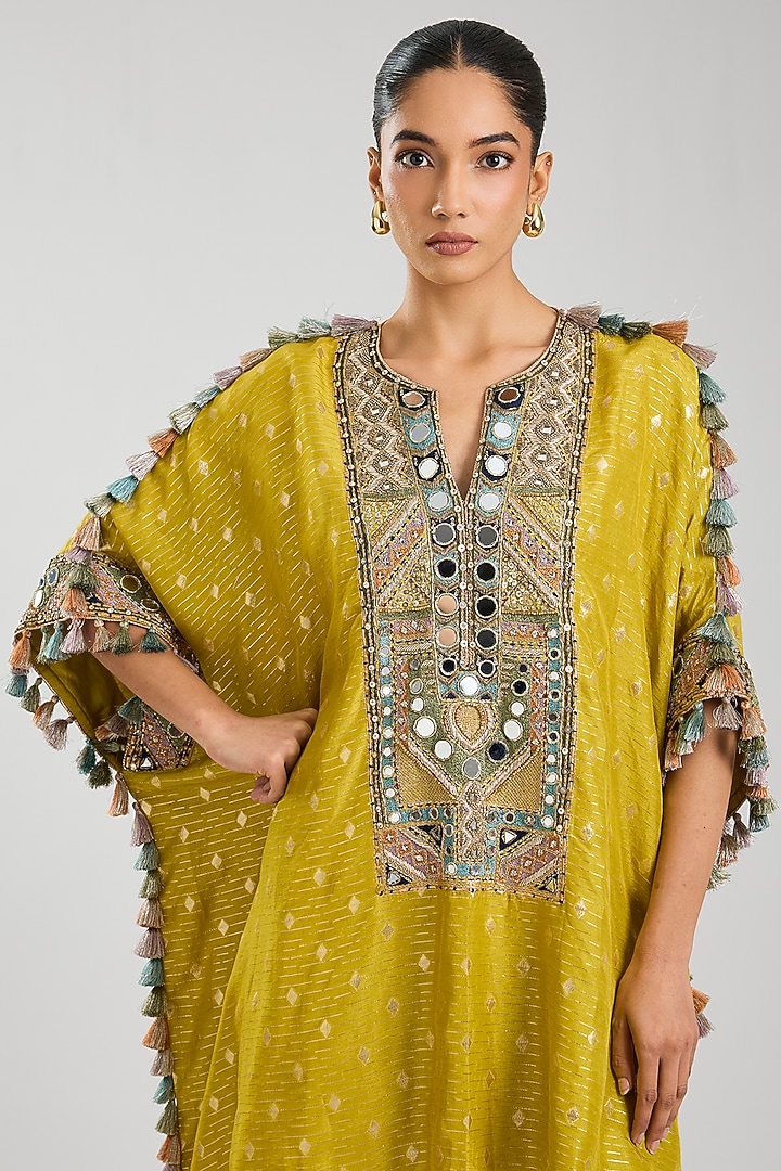 Mehendi Green Dola Silk Embroidered Kaftan Set by Payal Singhal at Pernia's Pop Up Shop