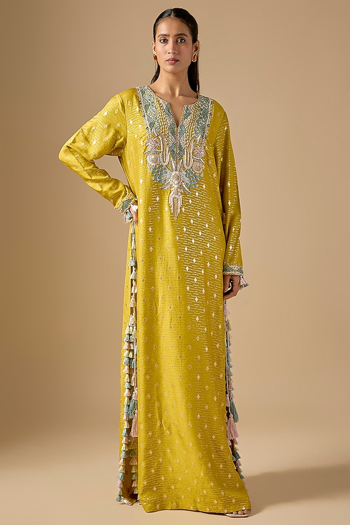 Mehendi Green Dola Silk Thread Embroidered Kaftan by Payal Singhal at Pernia's Pop Up Shop