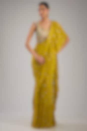 Mehendi Green Mukaish Georgette Pre-Stitched Reception Saree Set by Payal Singhal at Pernia's Pop Up Shop