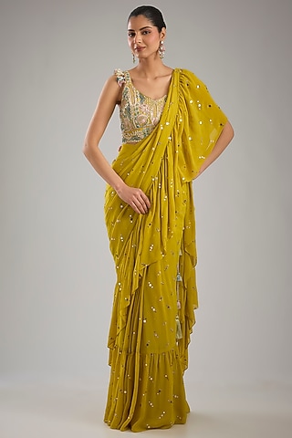 Mehendi Green Mukaish Georgette Pre-Stitched Saree Set by Payal Singhal