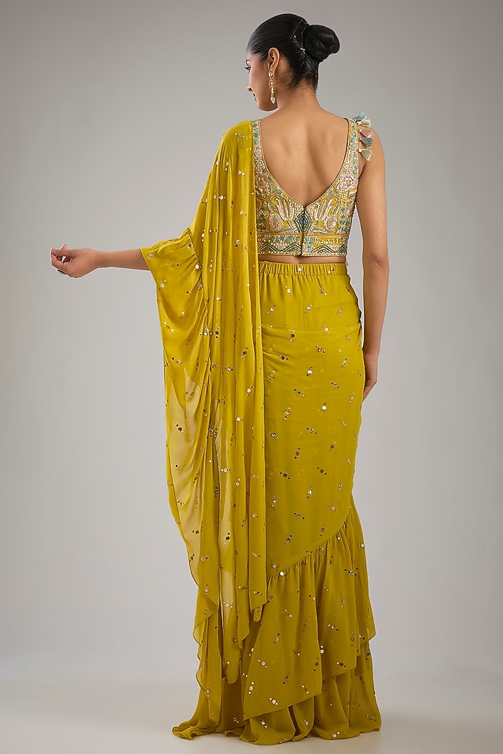 Mehendi Green Mukaish Georgette Pre-Stitched Reception Saree Set by Payal Singhal at Pernia's Pop Up Shop