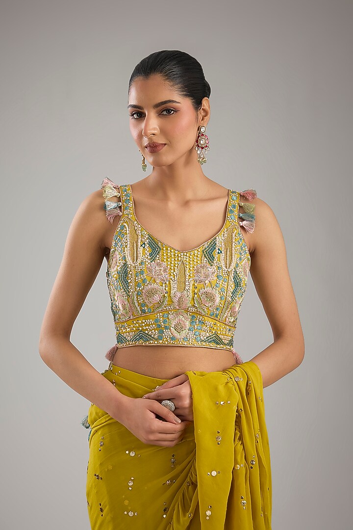 Mehendi Green Mukaish Georgette Pre-Stitched Reception Saree Set by Payal Singhal at Pernia's Pop Up Shop